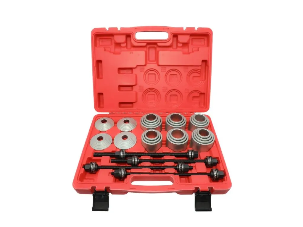 Bộ dụng cụ đóng vòng bi TMFT: Vali nhựa đỏ mở nắp chứa bộ ống ép, đĩa và ty ren