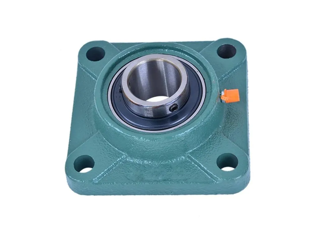 Gối đỡ UCF: Gối đỡ vuông UCF sơn xanh, bốn lỗ bắt bu lông và vú mỡ cam