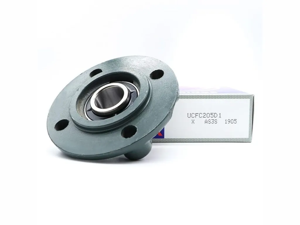 Gối đỡ UCFC: Gối đỡ bích tròn nhìn nghiêng cạnh hộp NSK trắng