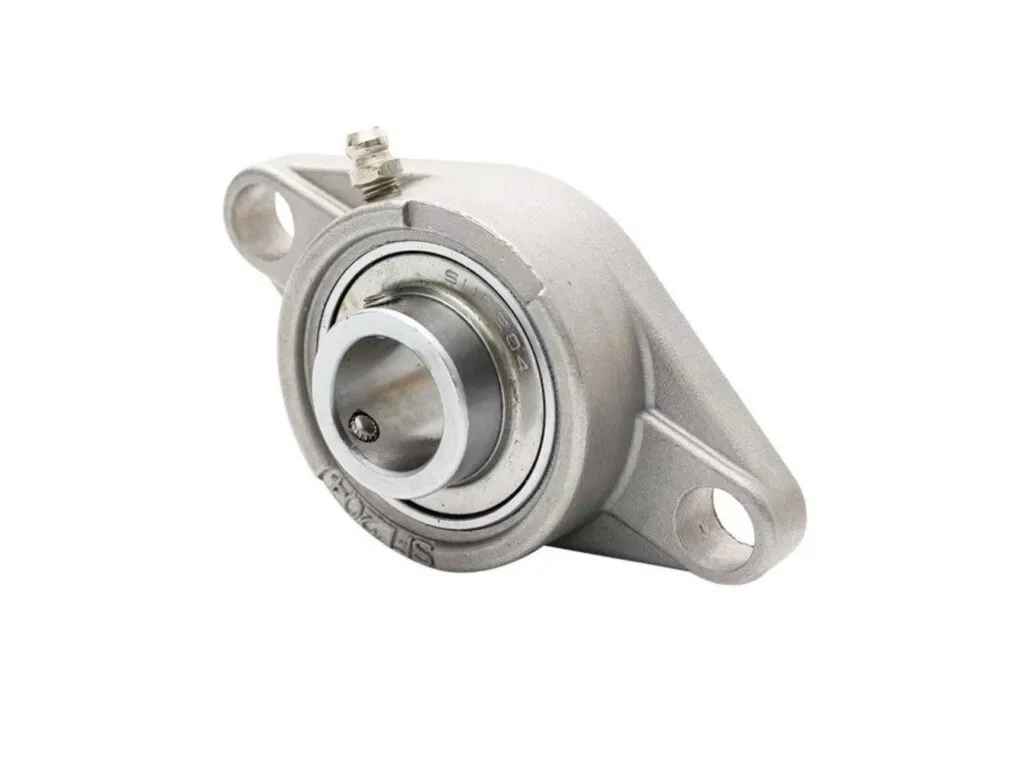 Gối đỡ UCFL: Gối mặt bích inox hai lỗ, trục tròn và vít hãm nghiêng