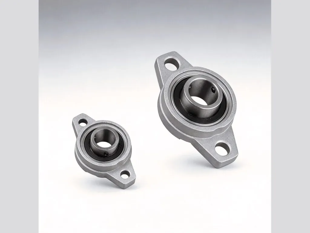 Gối đỡ UCFL: Hai gối đỗ mặt bích inox cỡ lớn và nhỏ, nền xám nhạt