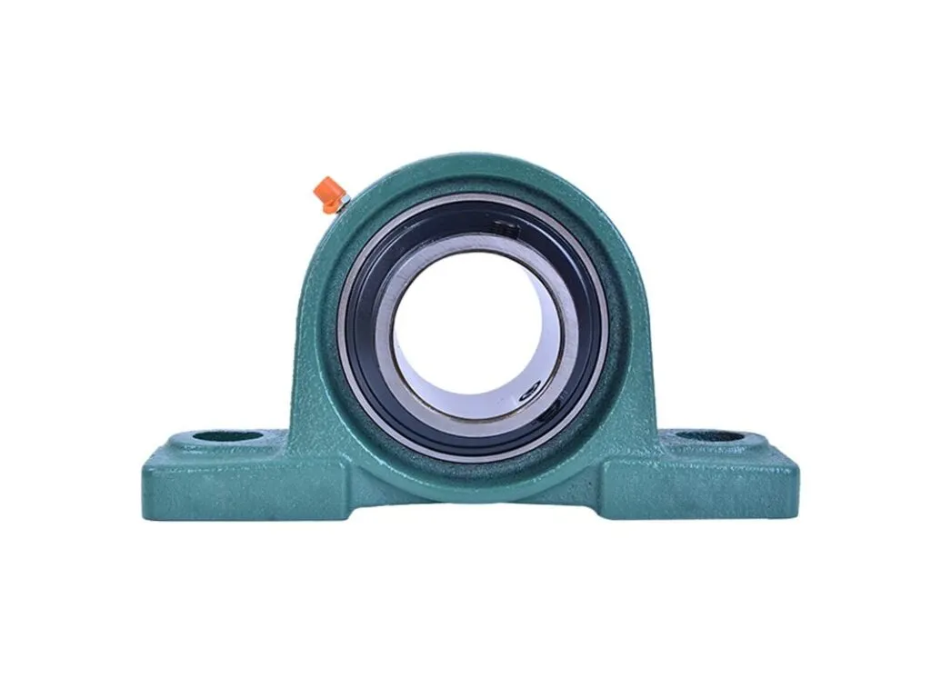 Gối đỡ UCP: Gối đỡ UCP thân xanh nhìn thẳng, hai lỗ bắt chân và vú mỡ cam