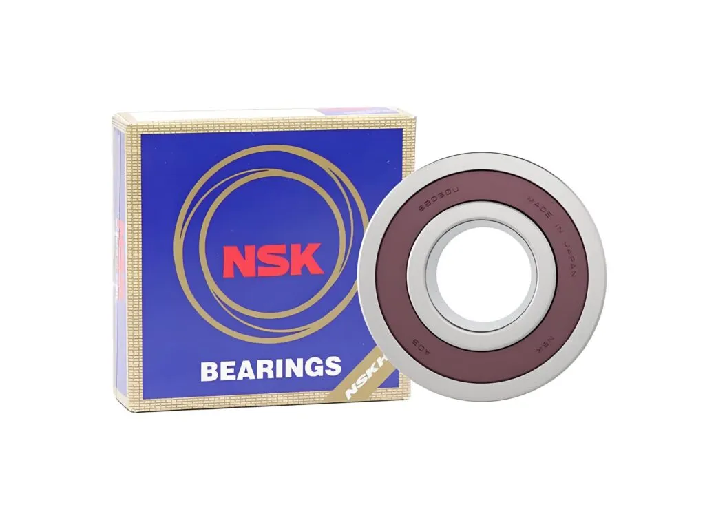Vòng bi NSK: Hộp NSK xanh viền vàng và vòng bi nắp cao su nâu